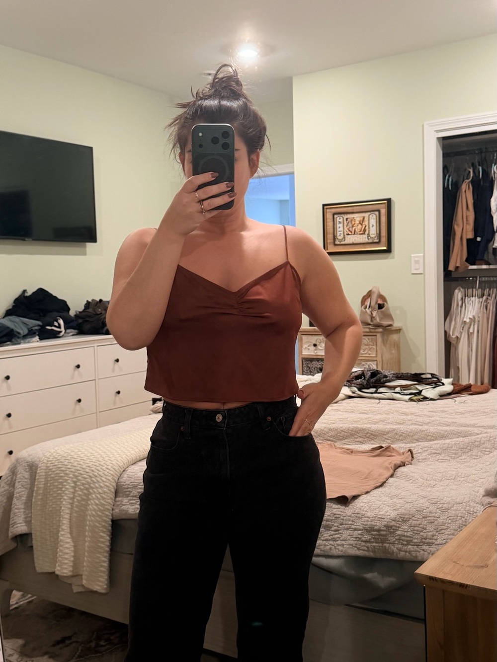 Burgundy Satin-Like Cami Top with Spaghetti Straps (adjustable)